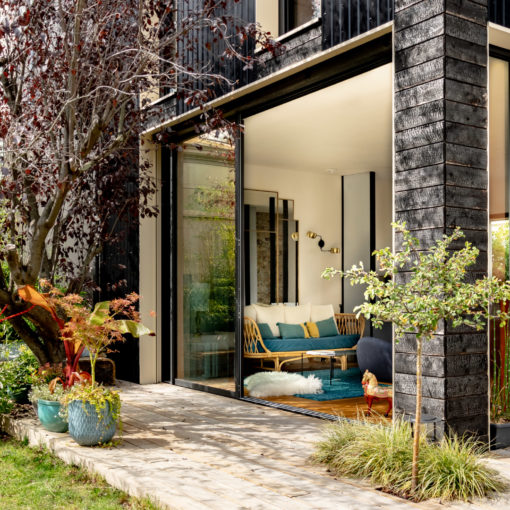 terrasse,salon,jardin,extension,bois brulé,plantes,baie vitrée,JOINTO